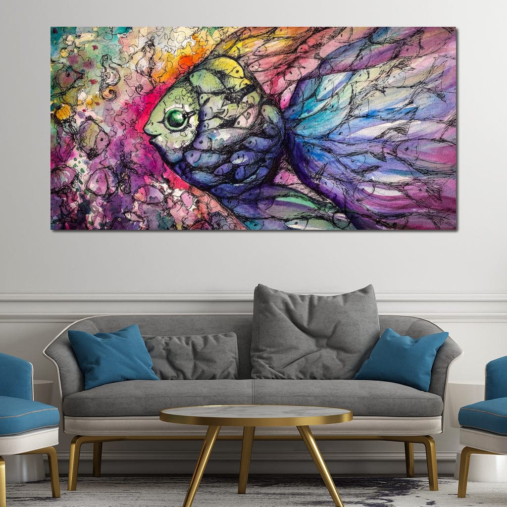 tablou canvas cu un peste format dintr-o multitudine de alti pesti multicolori, pe fundal abstract