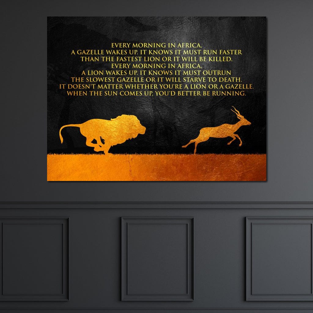Tablou Canvas Premium LuxCanva® F1009, Instinctul Supravietuirii , Competitie, Viteza, Rezistenta, Lupta, Leu, Gazela, Living, Birou, Culori vibrante