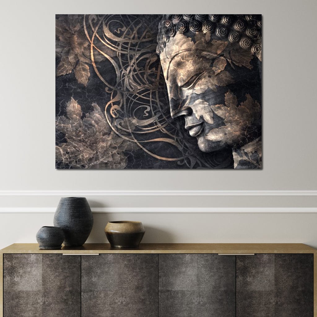 Tablou Canvas Premium LuxCanva® I117, Ganduri din Piatra, Buddha, Echilibru, Meditatie, Zen, Frunze, Ritual, Sacralitate, Fum, Esenta, Armonie, Timp