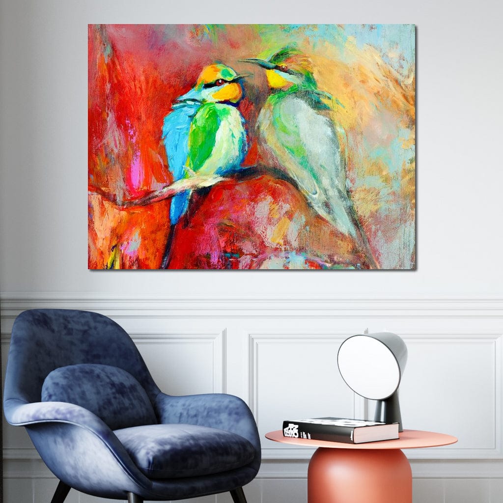 tablou canvas cu doua pasari colorate pe o creanga pe fundal stil pictura in acuarela