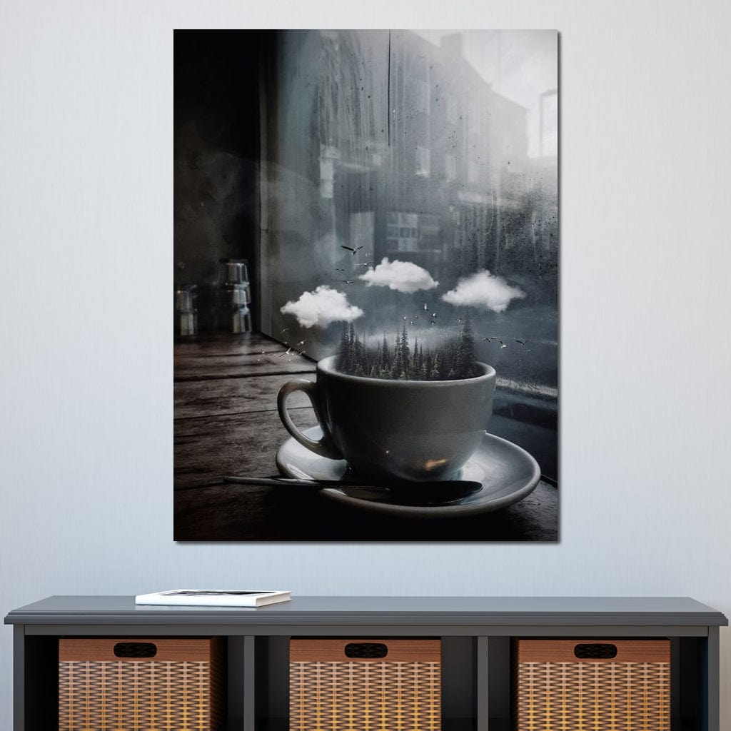 tablou canvas cu o ceasca cu copaci inalti, nori albi si pasari in zbor, la fereastra unei taverne 