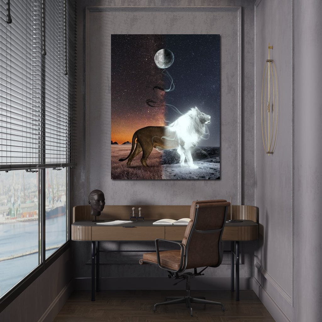 tablou canvas cu un leu in dualitate, pe fundal cosmic cu stele si luna plina