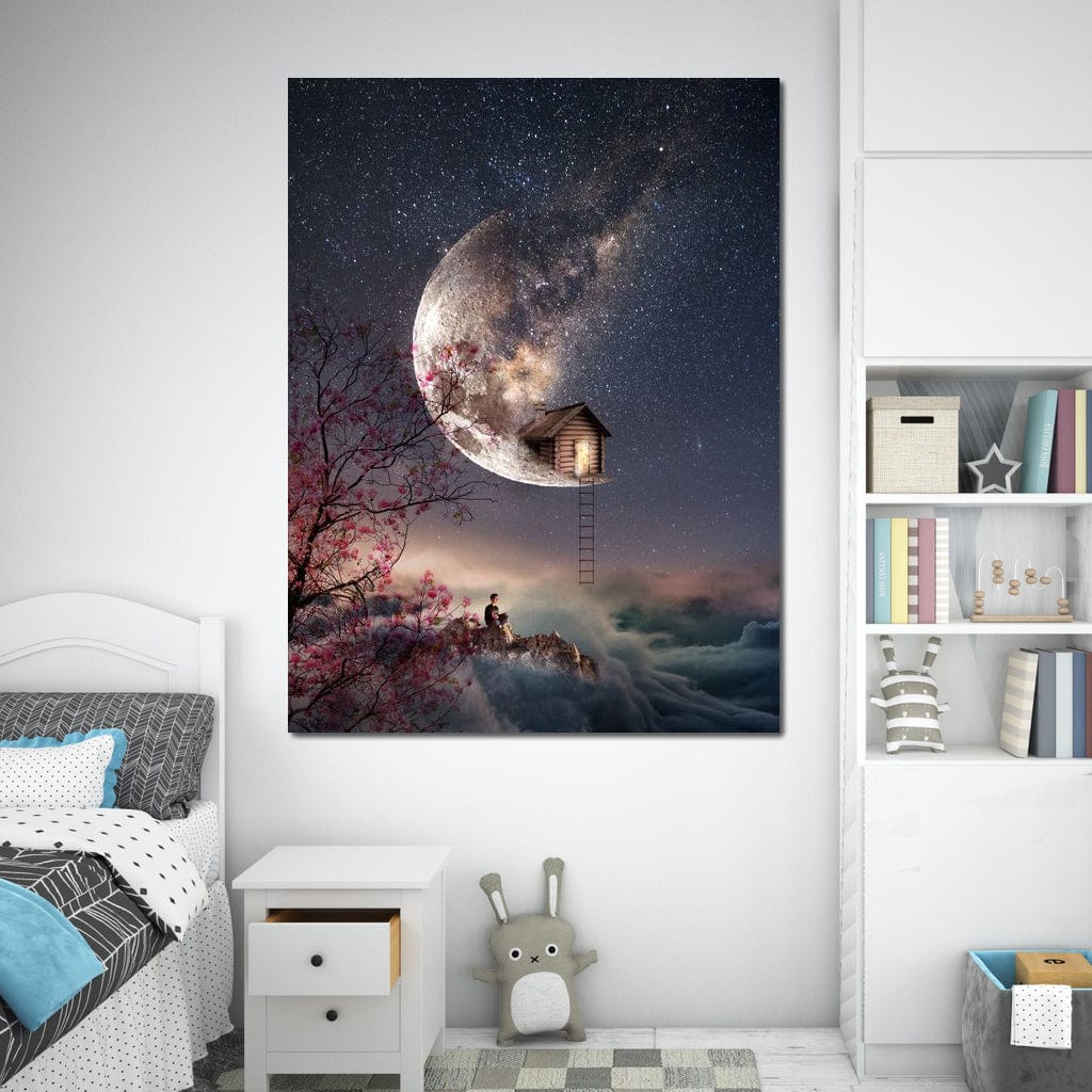 Tablou Canvas Premium, LuxCanva® K1016, Casa de pe Luna, Astru, Noapte, Instelata, Scari, Cer, Stele, Vise, Nocturn, Peisaj, Poveste, Cosmos, Magie, Taram, Senin, Camera Copii