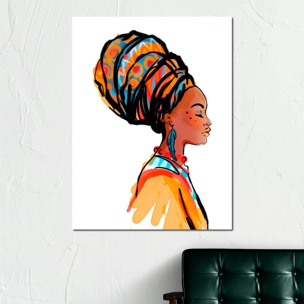 Tablou Canvas Premium, LuxCanva® G1075, Profilul Femeii Africane , Chip, Afro, Turban, Profil, Feminin, Gratie, Regalitate, Africa, Living, Dormitor