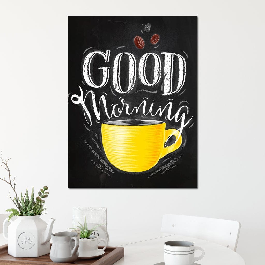 tablou canvas cu o ceasca de cafea galbena, un mesaj text alb pe fundal negru