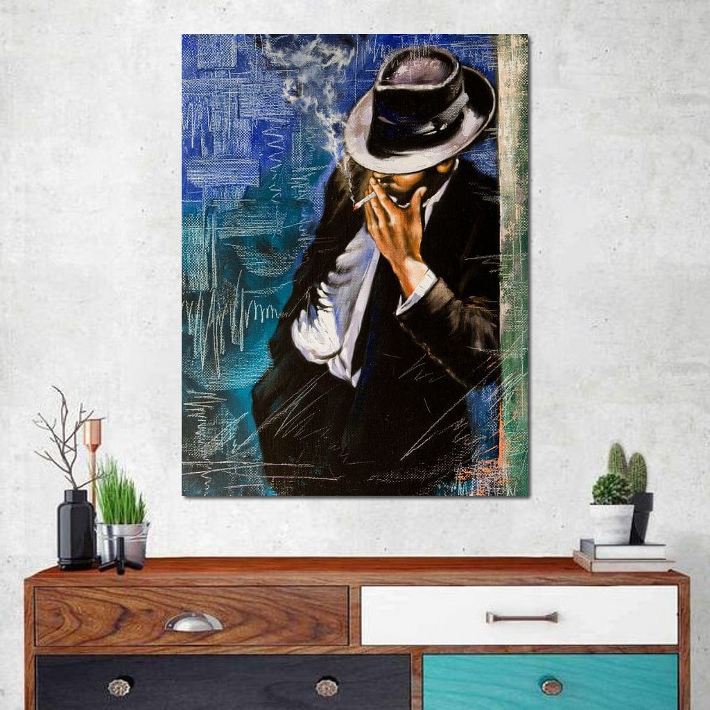 Tablou Canvas Premium LuxCanva® E1049, Barbatul din Umbra, Elegant, Masculinitate, Enigma, Tigara, Intriga, Living Room, Culori vibrante