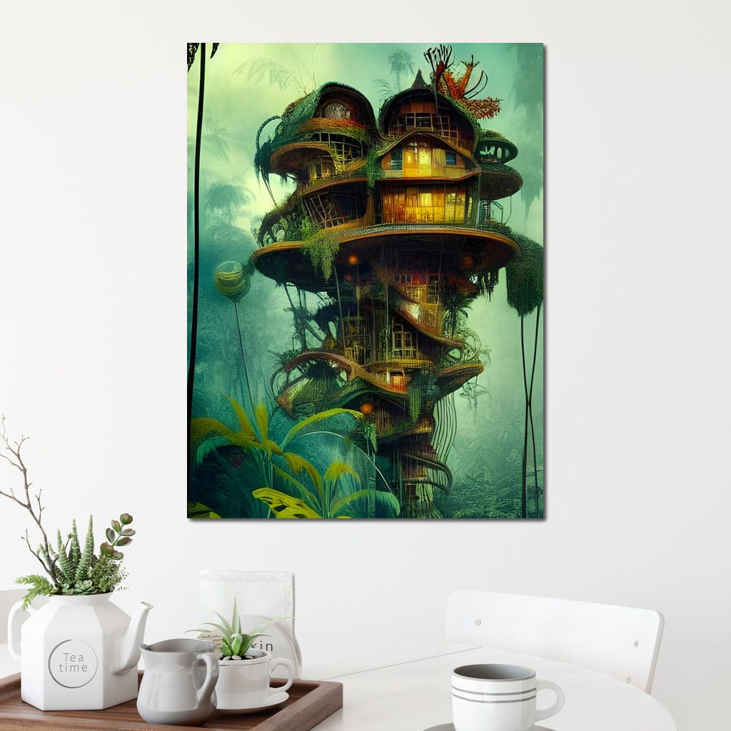 Tablou Canvas Premium, LuxCanva® K1015, Casuta din Copacul Vrajit, Turn, Padure, Fermecata, Aventura, Refugiu, Secrete, Spiridusi, Basm, Fantasma, Natura, Verde, Camera Copii