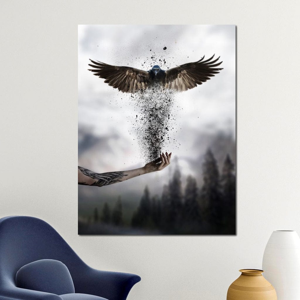 tablou canvas cu o pasare care renaste din cenusa in palma unei maini tatuate, pe fundal cu ceata si copaci