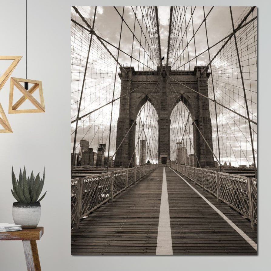 Tablou Canvas Premium, LuxCanva® O1011, Podul dintre Lumi, Otel, Cabluri, Arc, Timp, Drum, Destin, Brooklin, New York, Arhitectura, Monocrom, Fotografic, Metropola, Punte, Birou, Living,