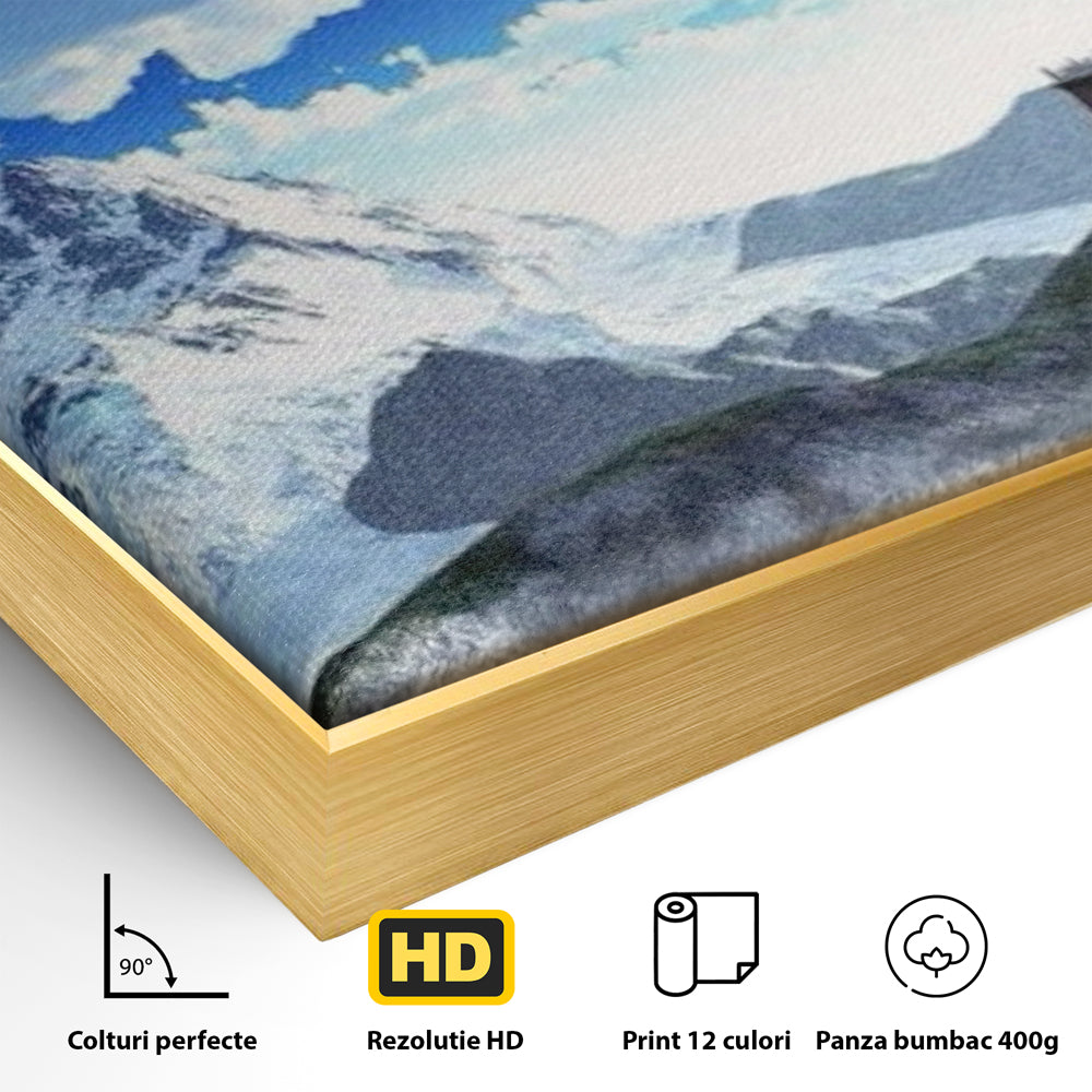 Detaliu al suprafetei: tablou canvas cu templu si munti, in rama de aluminiu auriu