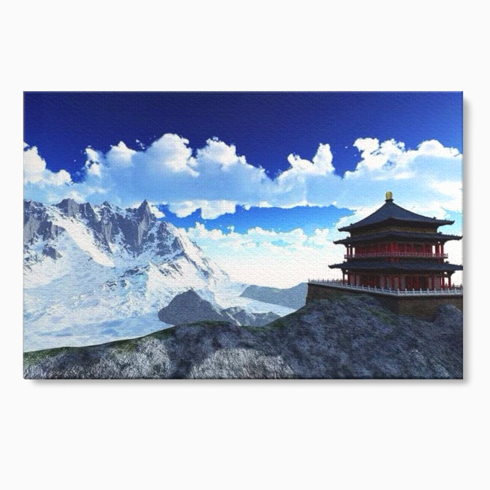 Tablou canvas cu tablou canvas cu templu si munti, fara rama, pe sasiu de lemn