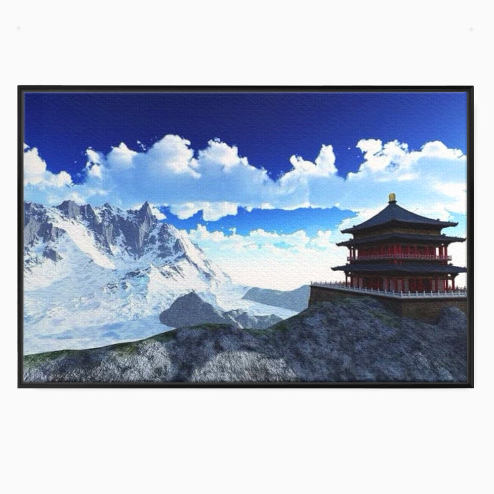 Tablou canvas cu tablou canvas cu templu si munti, in rama de aluminiu negru