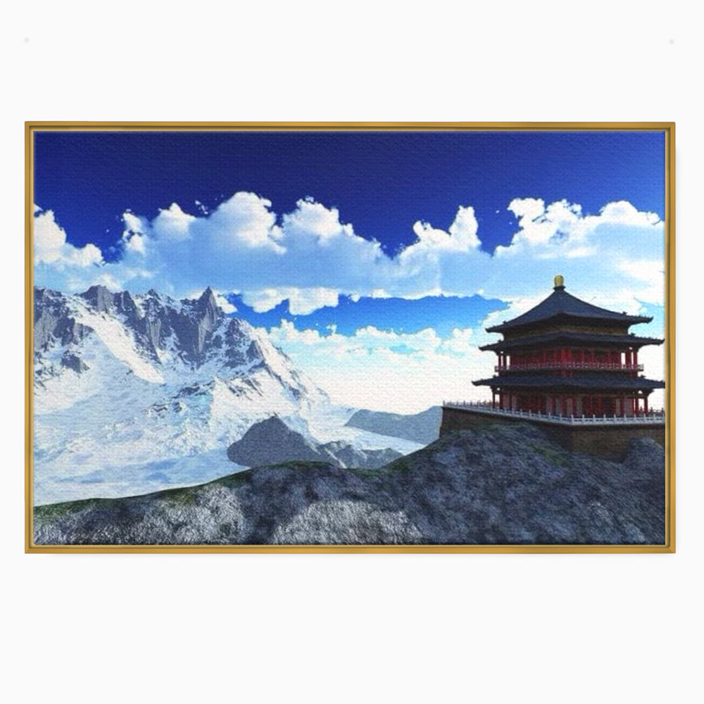 Tablou canvas cu tablou canvas cu templu si munti, in rama de aluminiu auriu