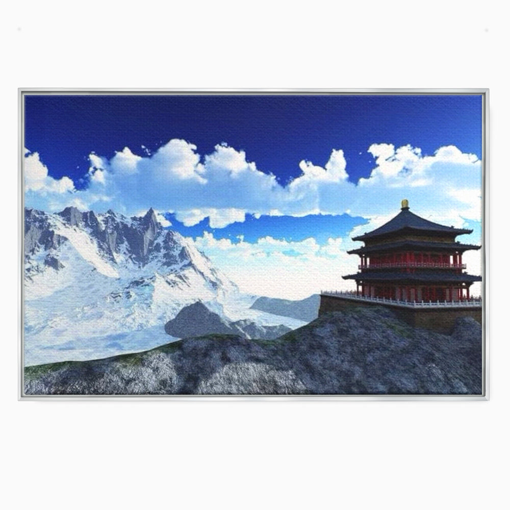 Tablou canvas cu tablou canvas cu templu si munti, in rama de aluminiu argintiu