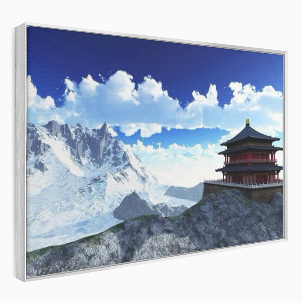 Tablou canvas cu tablou canvas cu templu si munti, in rama de aluminiu argintiu