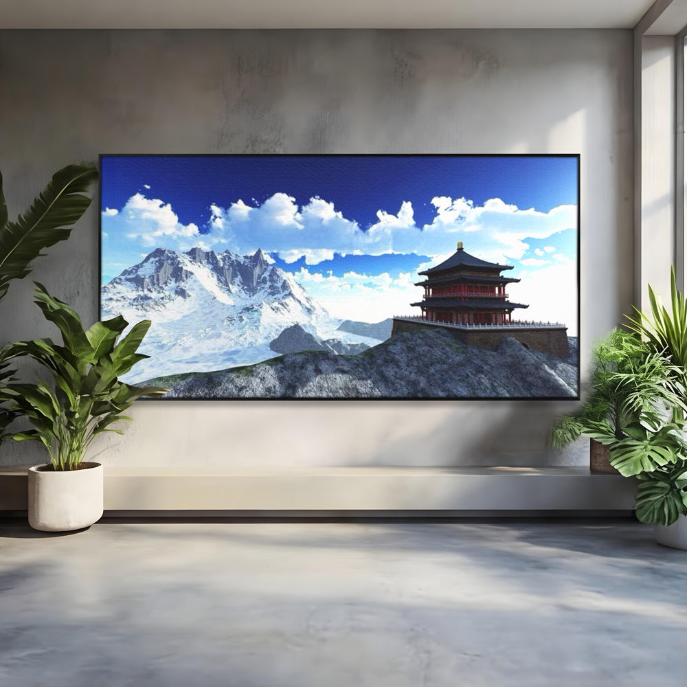 Tablou canvas cu tablou canvas cu templu si munti, in rama de aluminiu negru