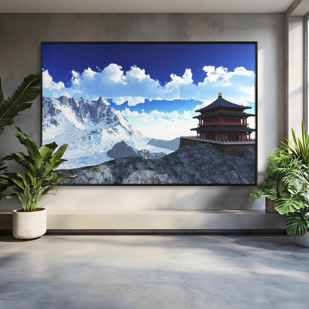 Tablou canvas cu tablou canvas cu templu si munti, in rama de aluminiu negru