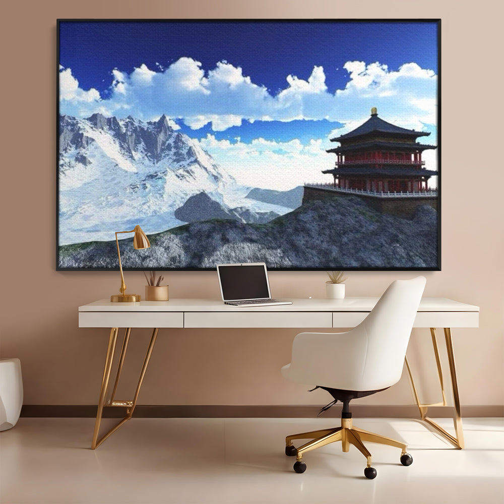 Tablou canvas cu tablou canvas cu templu si munti, in rama de aluminiu negru, pe perete intr-un birou