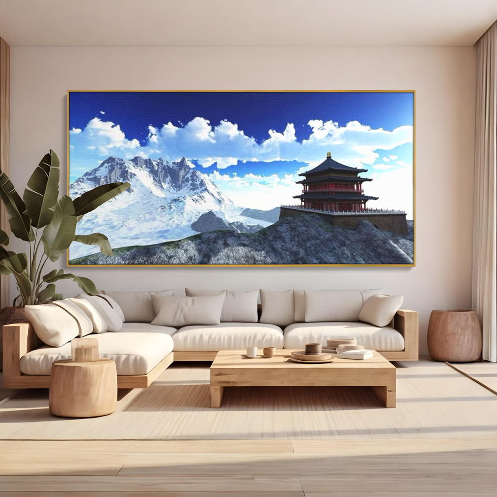 Tablou canvas cu tablou canvas cu templu si munti, in rama de aluminiu auriu, pe perete intr-un living