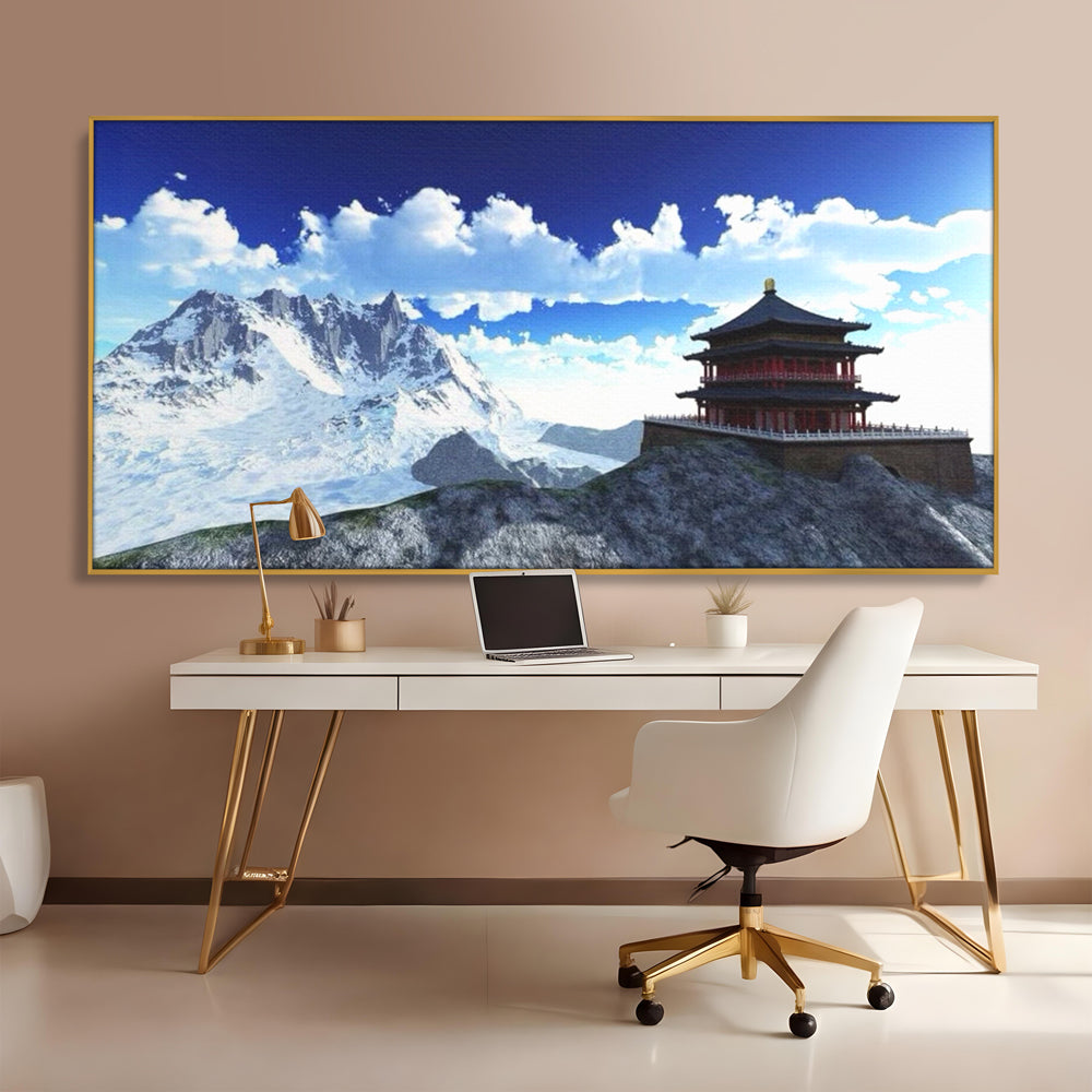 Tablou canvas cu tablou canvas cu templu si munti, in rama de aluminiu auriu, pe perete intr-un birou