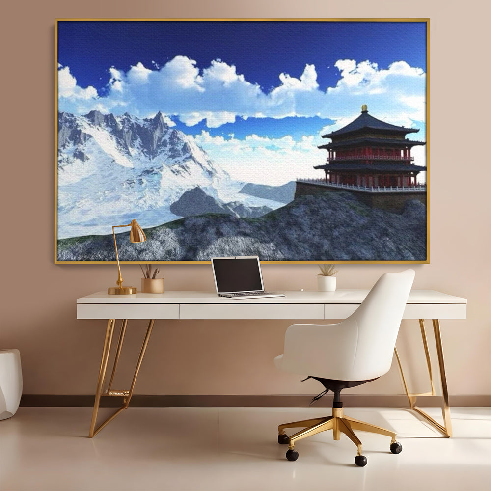 Tablou canvas cu tablou canvas cu templu si munti, in rama de aluminiu auriu, pe perete intr-un birou