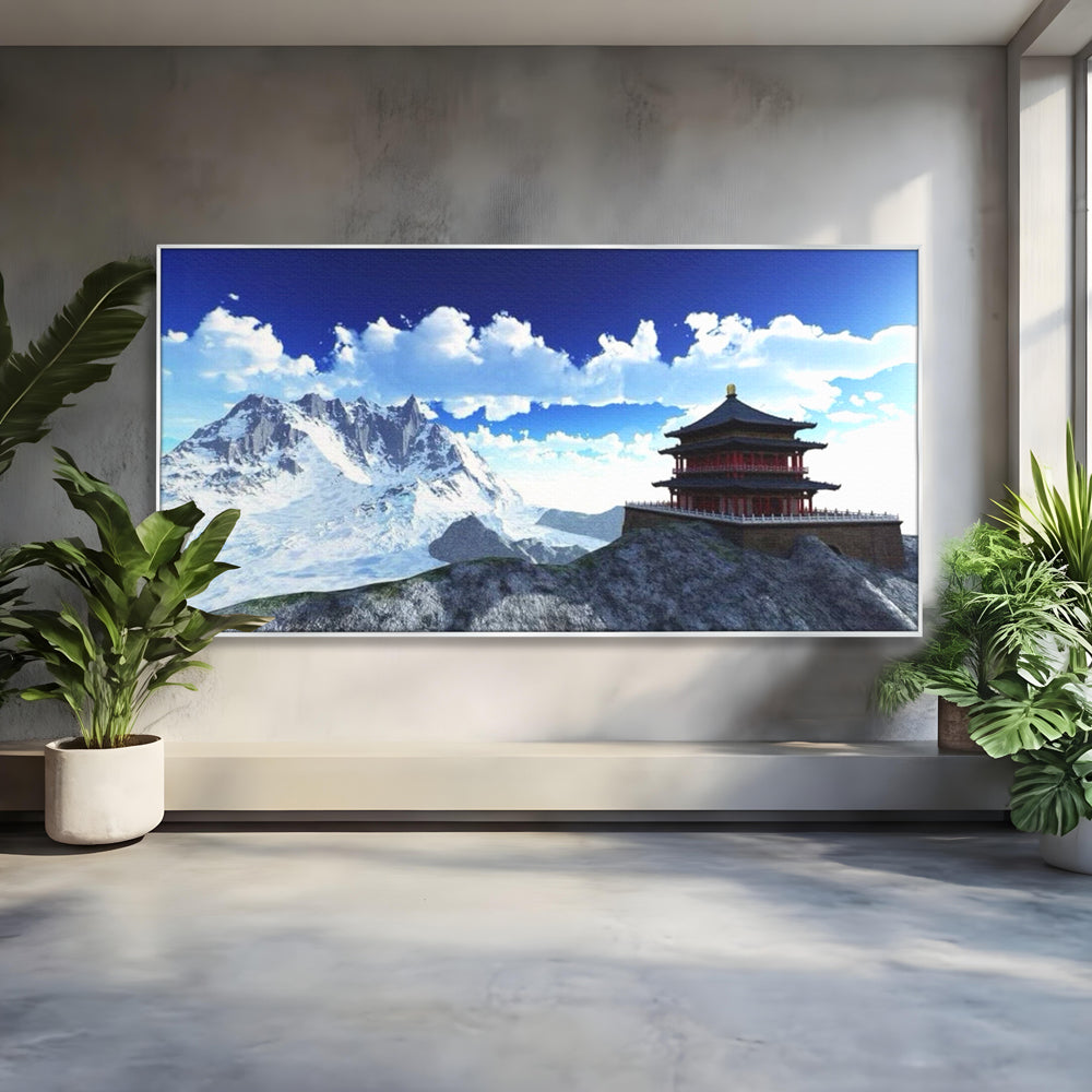 Tablou canvas cu tablou canvas cu templu si munti, in rama de aluminiu argintiu