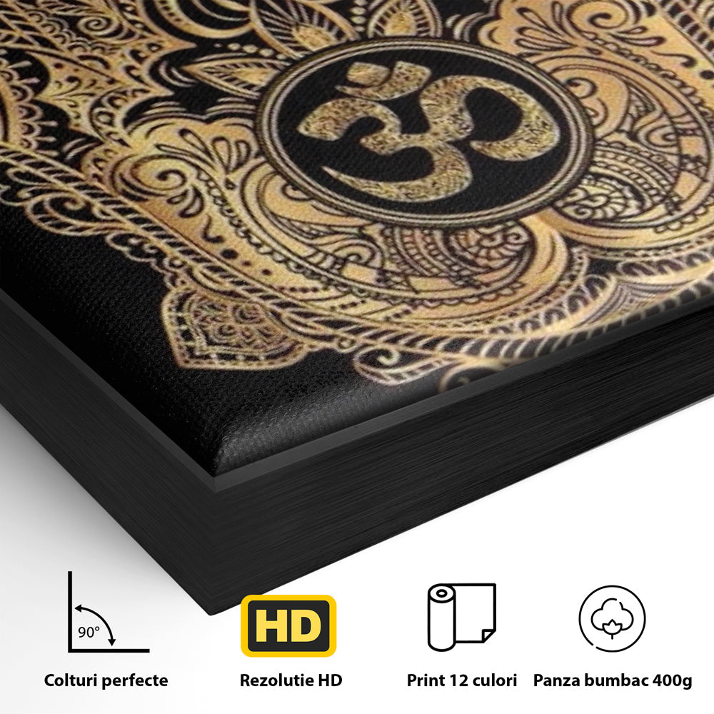 Detaliu al suprafetei: illustratie digitala hamsa aurie, in rama de aluminiu negru