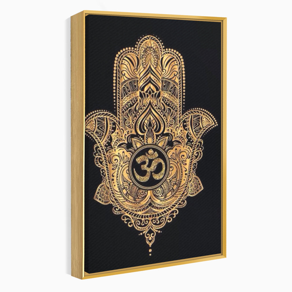 Tablou canvas cu illustratie digitala hamsa aurie, in rama de aluminiu auriu