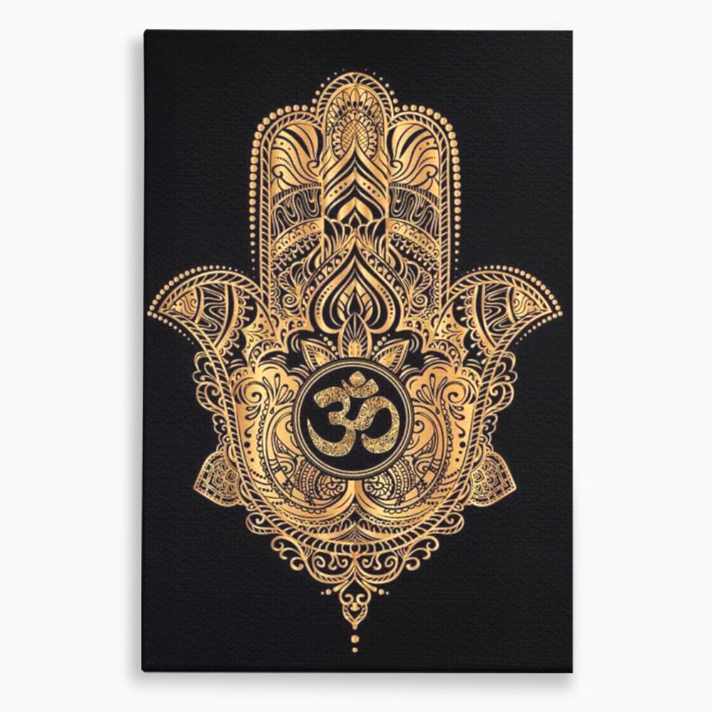 Tablou canvas cu illustratie digitala hamsa aurie, fara rama, pe sasiu de lemn