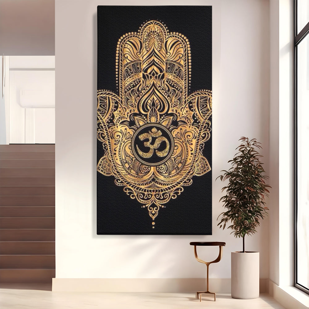 Tablou canvas cu illustratie digitala hamsa aurie, fara rama, pe sasiu de lemn