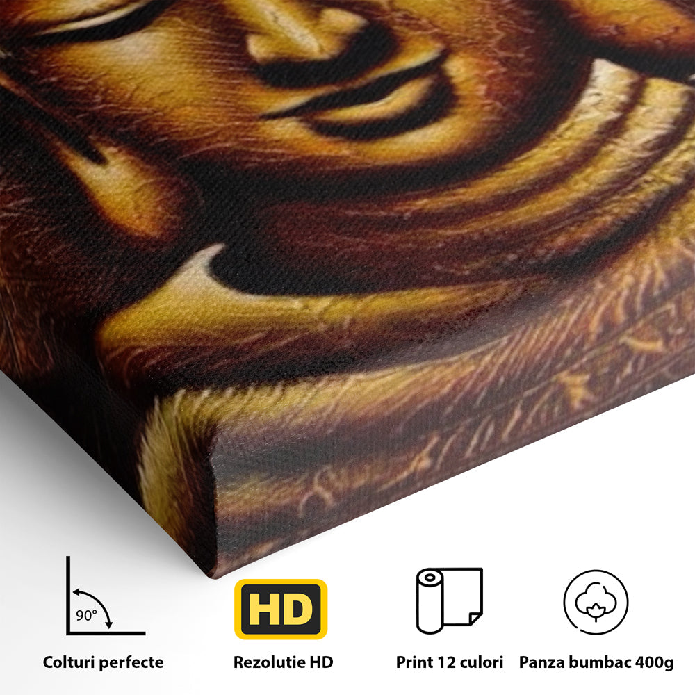 Detaliu al suprafetei: tablou canvas cu chipul lui buddha, fara rama, pe sasiu de lemn