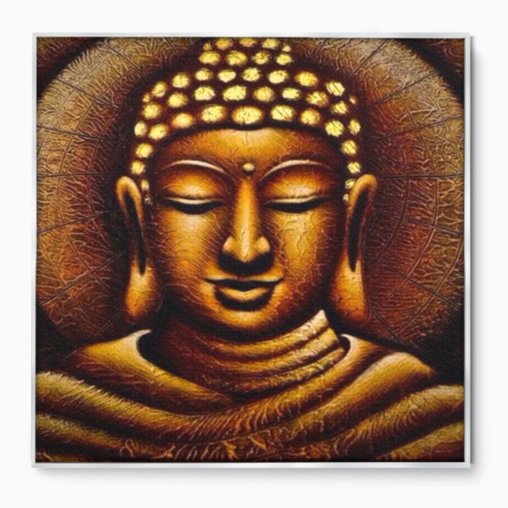 Tablou canvas cu tablou canvas cu chipul lui buddha, in rama de aluminiu argintiu