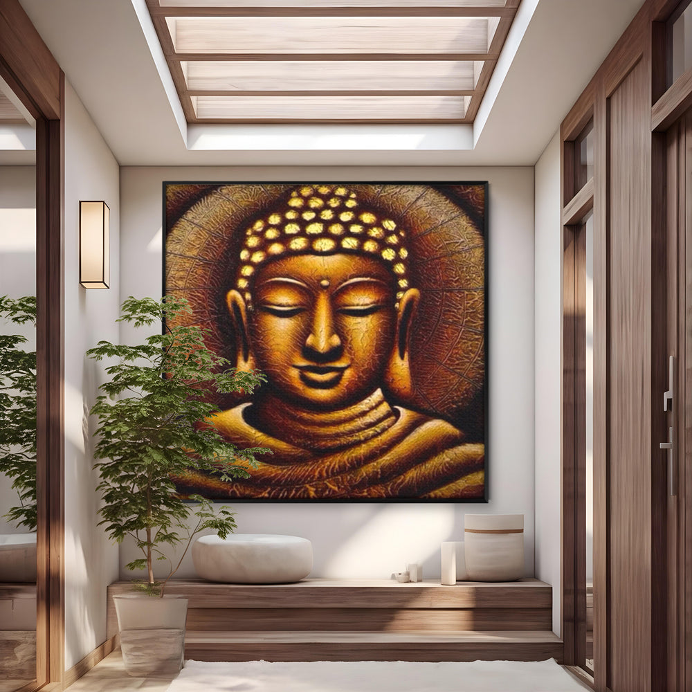 Tablou canvas cu tablou canvas cu chipul lui buddha, in rama de aluminiu negru