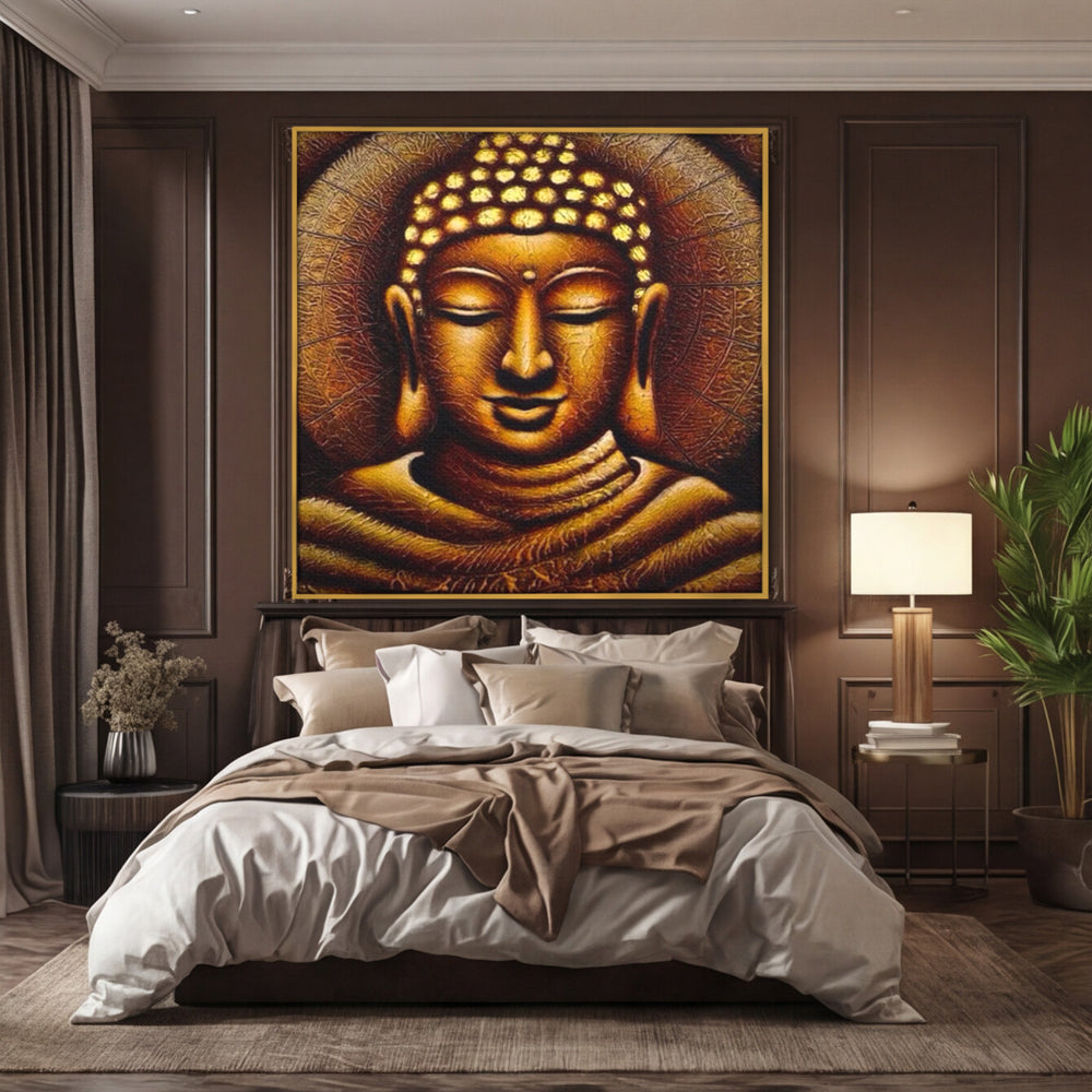 Tablou canvas cu tablou canvas cu chipul lui buddha, in rama de aluminiu auriu, pe perete intr-un dormitor