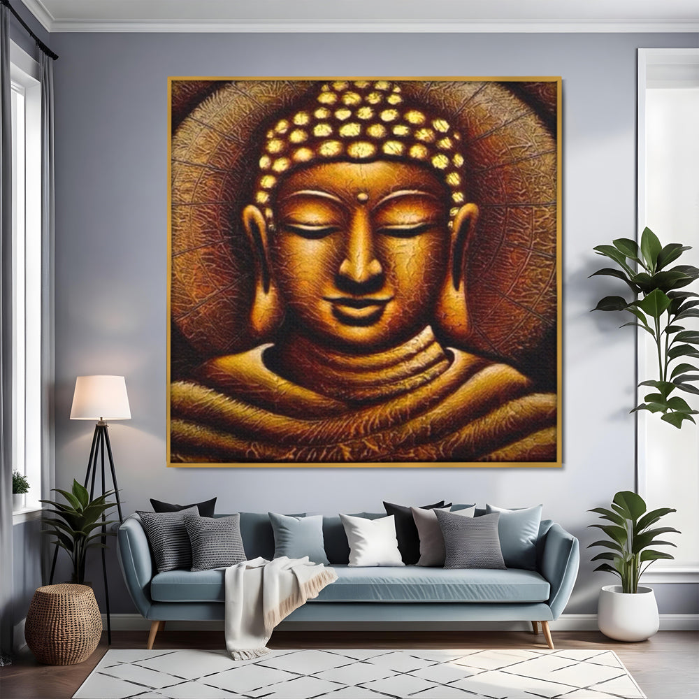 Tablou canvas cu tablou canvas cu chipul lui buddha, in rama de aluminiu auriu, pe perete intr-un living