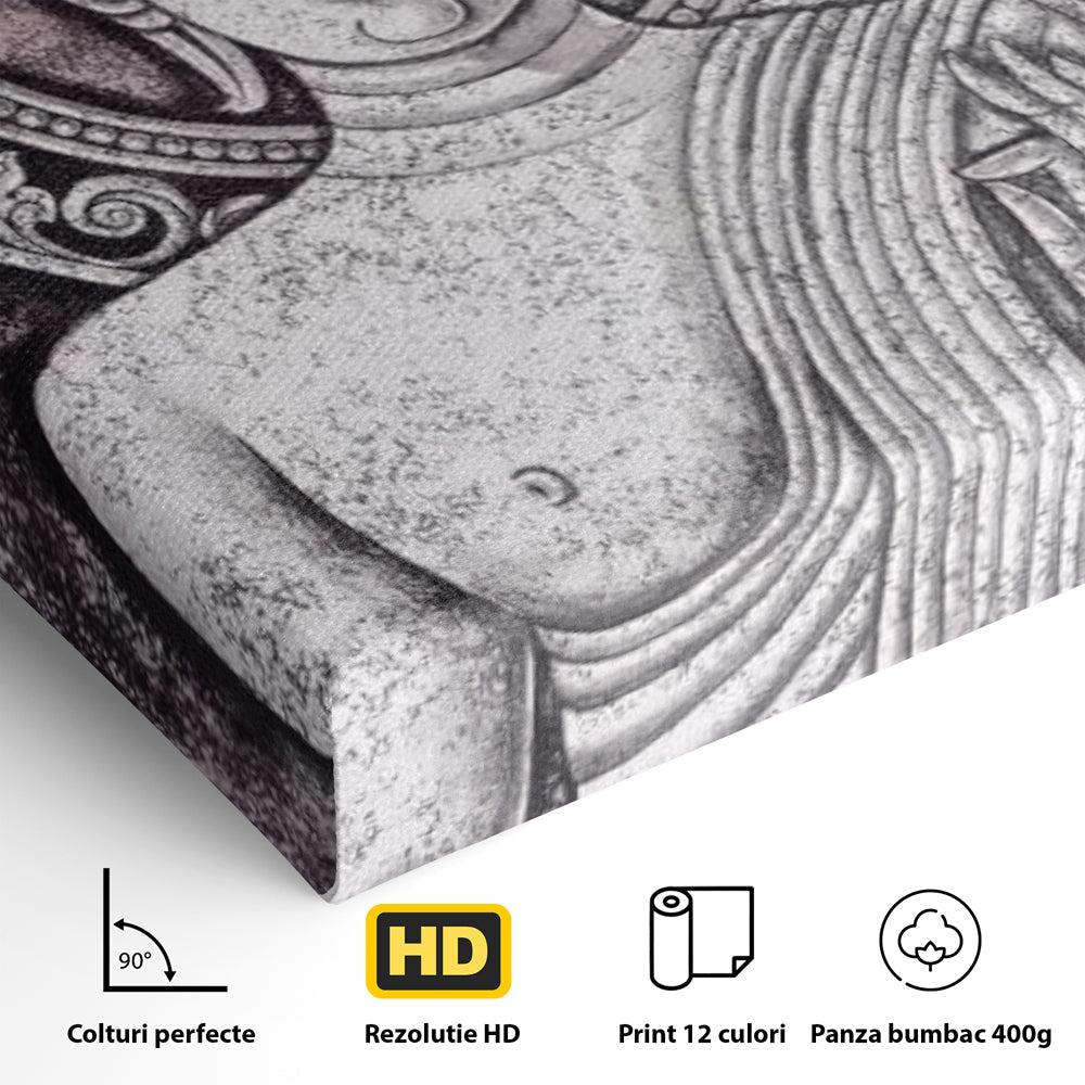 Detaliu al suprafetei: tablou canvas cu chipul lui buddha, fara rama, pe sasiu de lemn