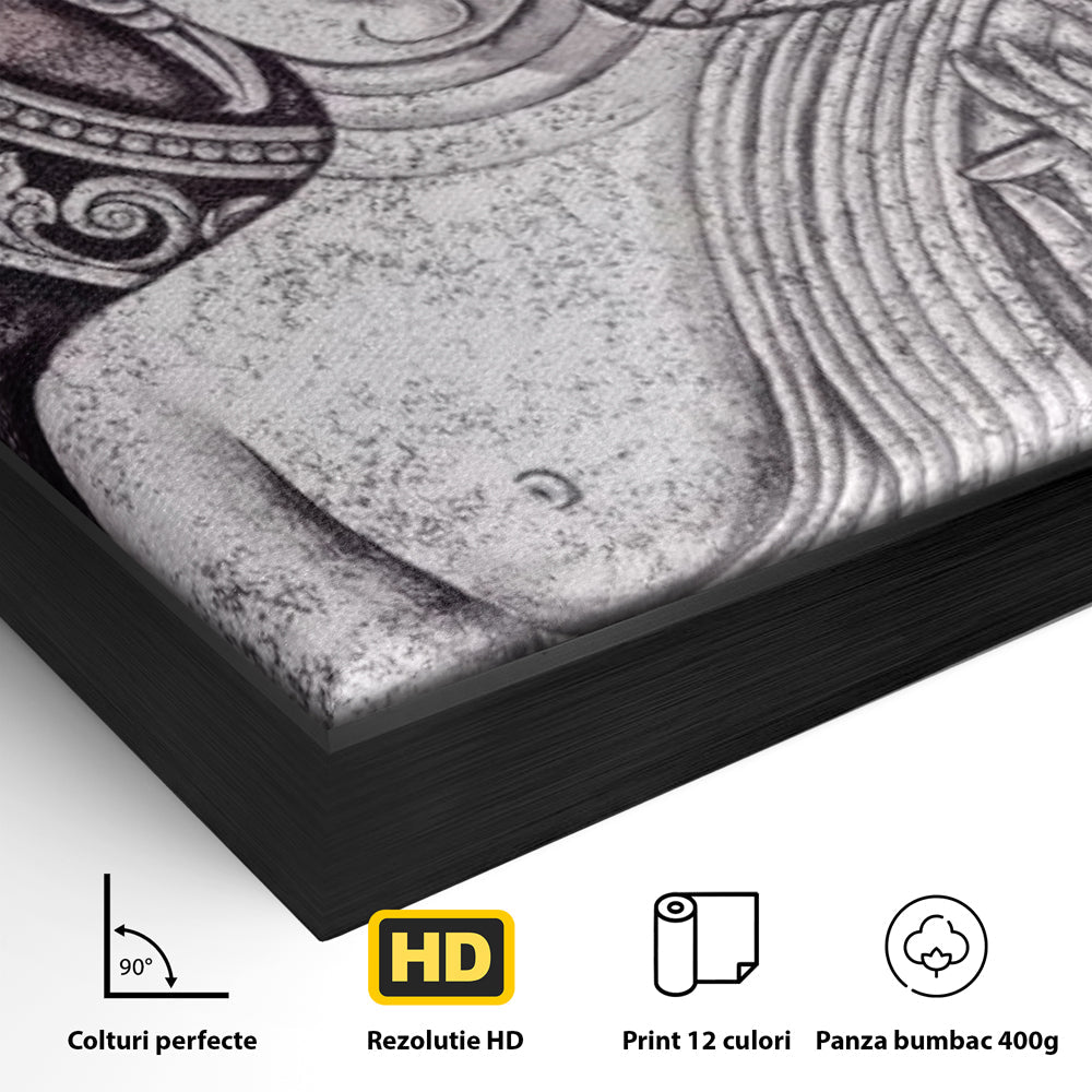 Detaliu al suprafetei: tablou canvas cu chipul lui buddha, in rama de aluminiu negru