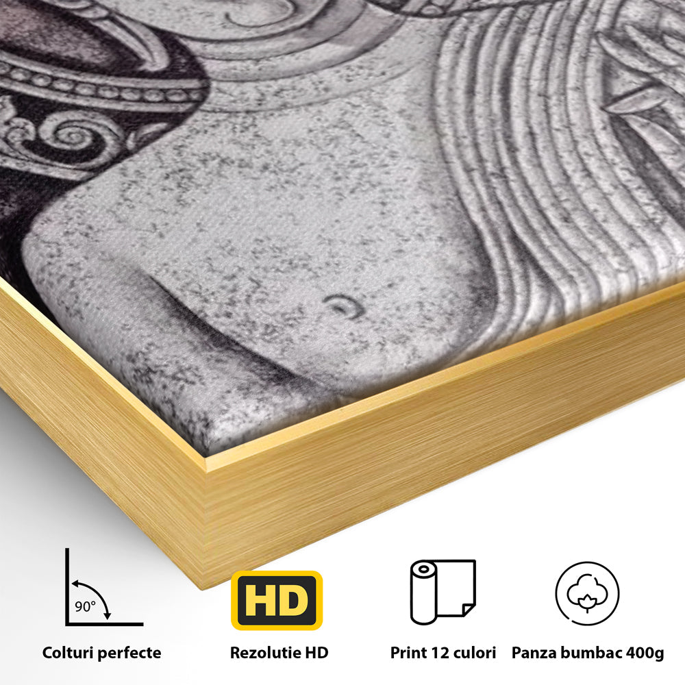 Detaliu al suprafetei: tablou canvas cu chipul lui buddha, in rama de aluminiu auriu
