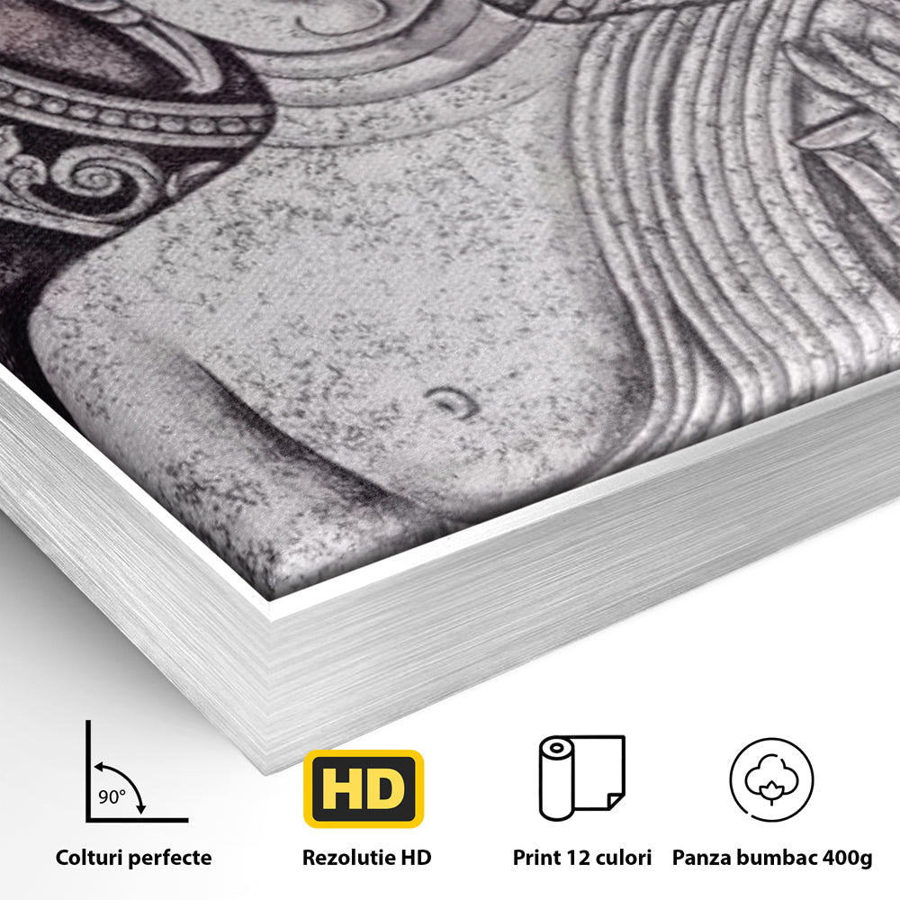 Detaliu al suprafetei: tablou canvas cu chipul lui buddha, in rama de aluminiu argintiu