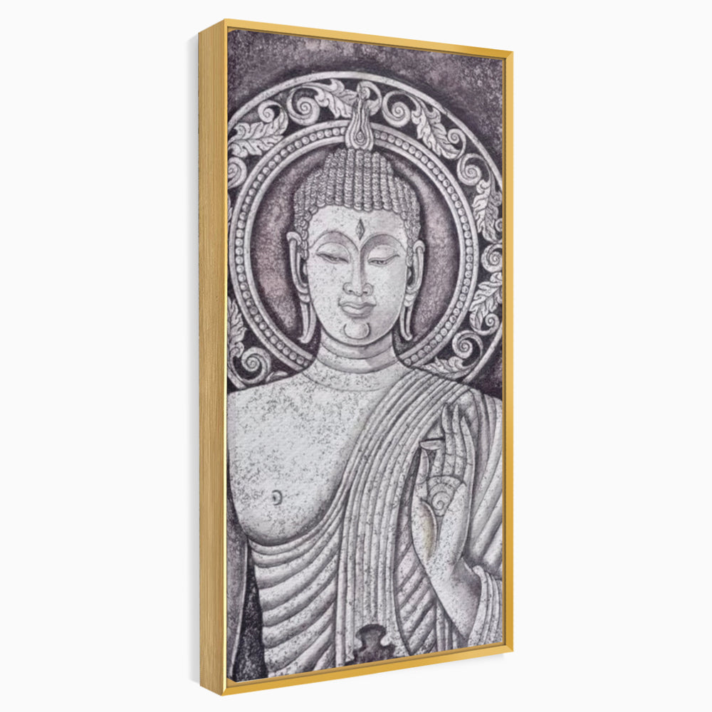 Tablou canvas cu tablou canvas cu chipul lui buddha, in rama de aluminiu auriu