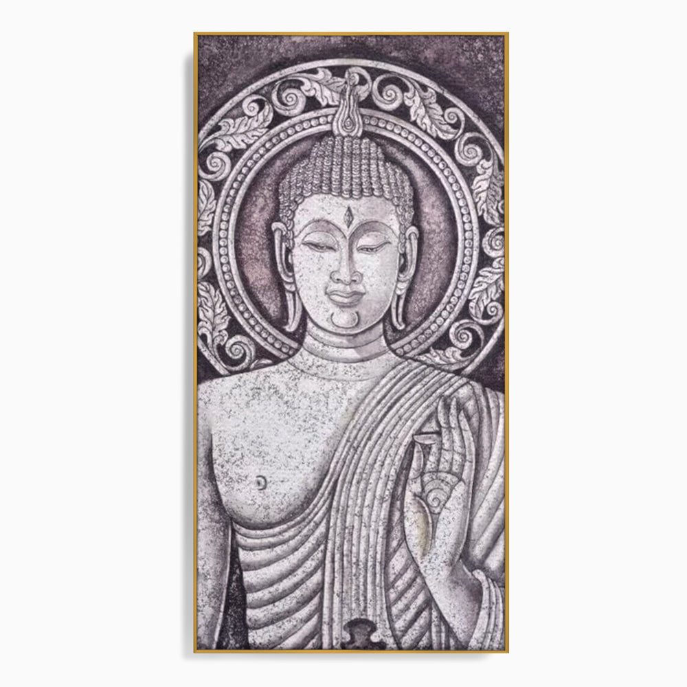 Tablou canvas cu tablou canvas cu chipul lui buddha, in rama de aluminiu auriu