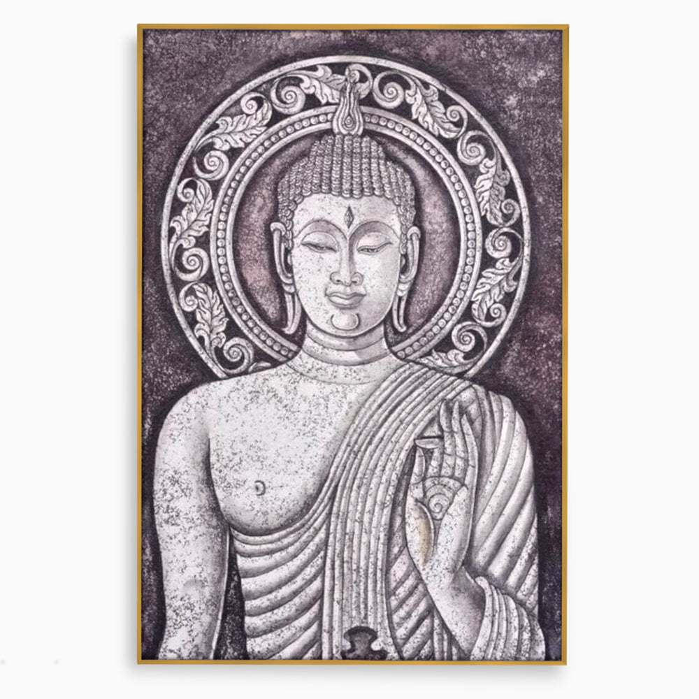 Tablou canvas cu tablou canvas cu chipul lui buddha, in rama de aluminiu auriu