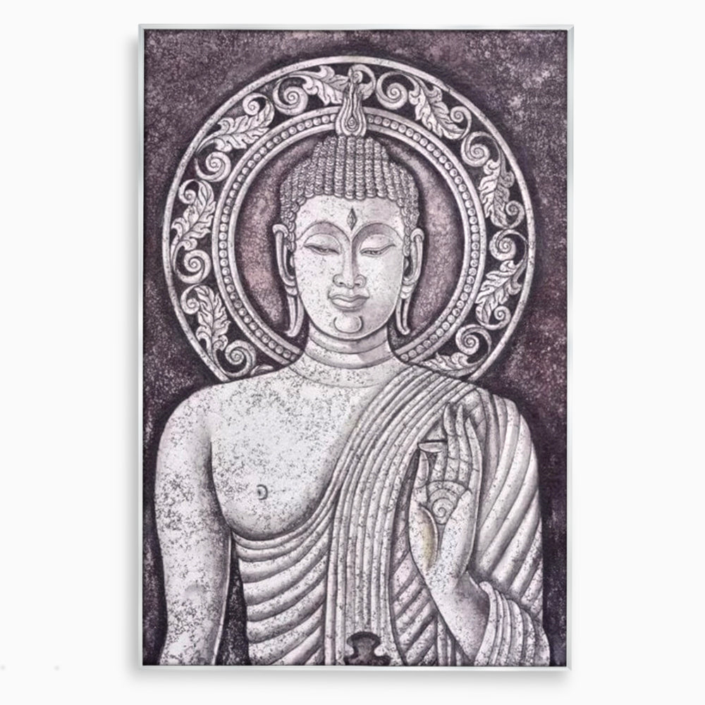 Tablou canvas cu tablou canvas cu chipul lui buddha, in rama de aluminiu argintiu
