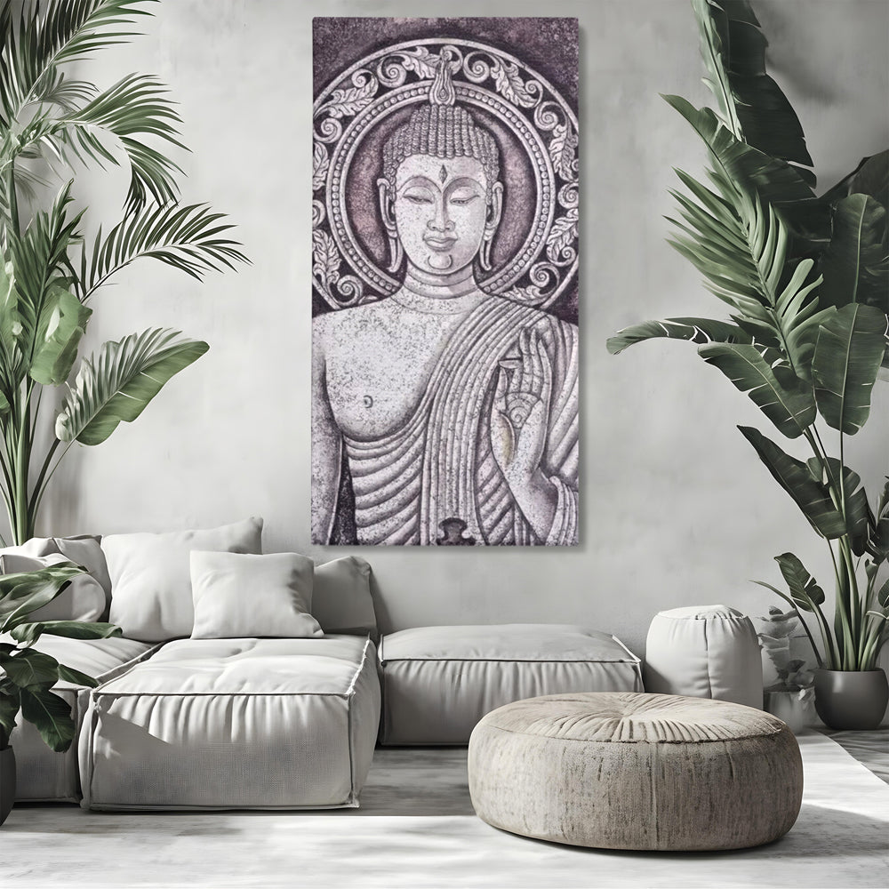 Tablou canvas cu tablou canvas cu chipul lui buddha, fara rama, pe sasiu de lemn, pe perete intr-un living