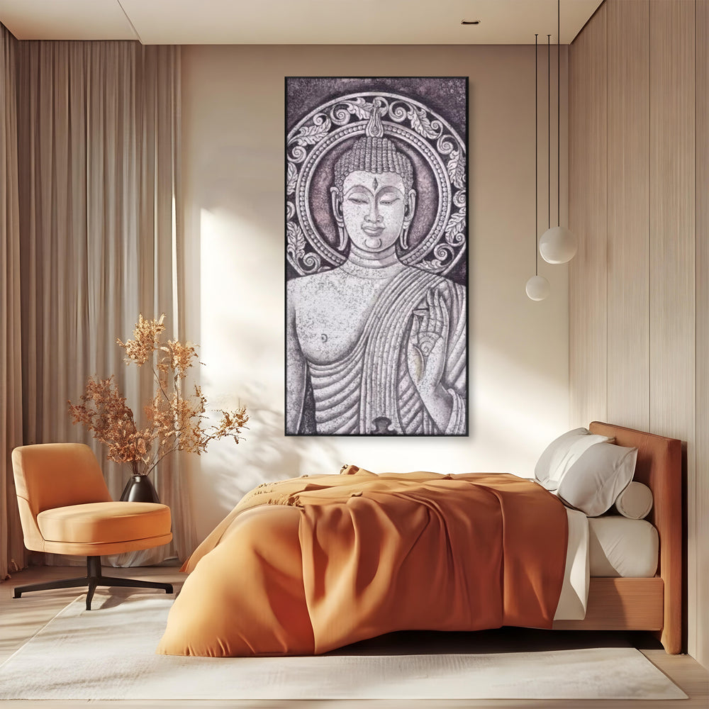 Tablou canvas cu tablou canvas cu chipul lui buddha, in rama de aluminiu negru, pe perete intr-un dormitor