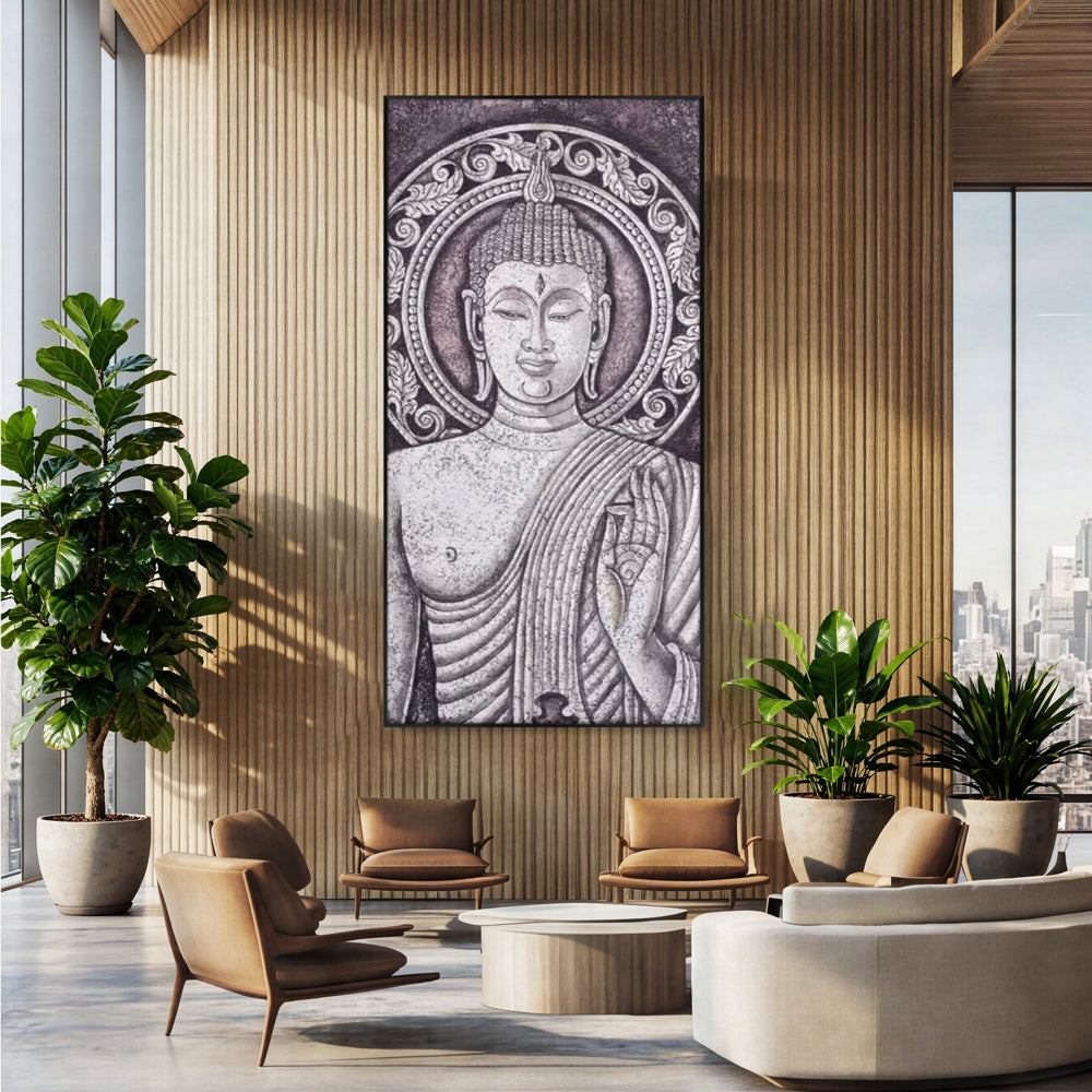 Tablou canvas cu tablou canvas cu chipul lui buddha, in rama de aluminiu negru, pe perete intr-un birou
