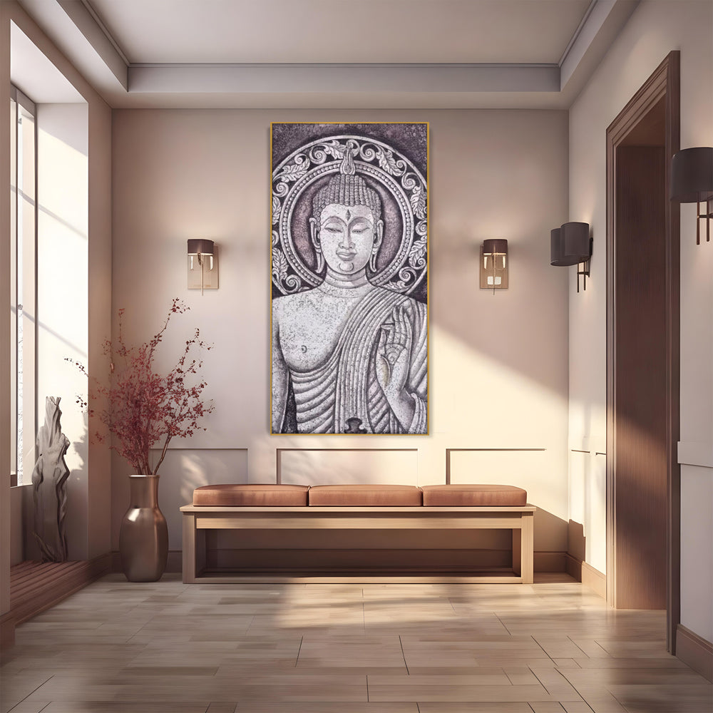Tablou canvas cu tablou canvas cu chipul lui buddha, in rama de aluminiu auriu