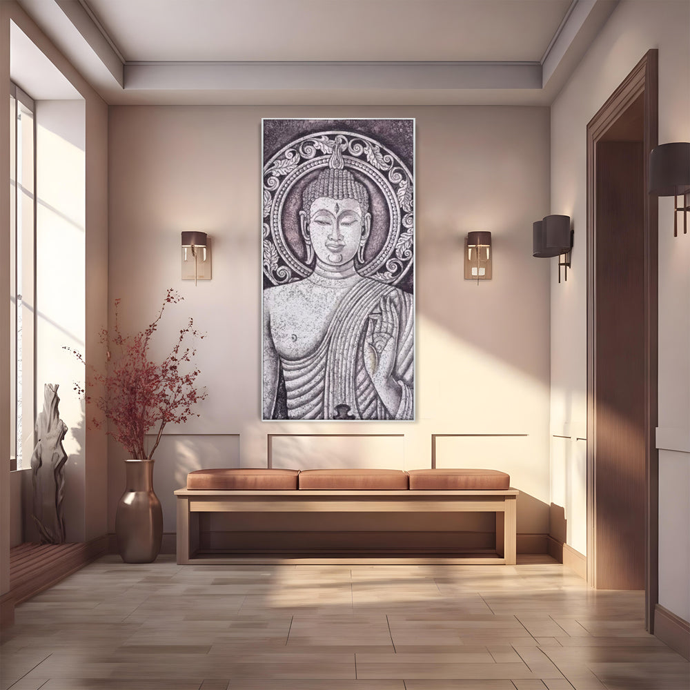 Tablou canvas cu tablou canvas cu chipul lui buddha, in rama de aluminiu argintiu