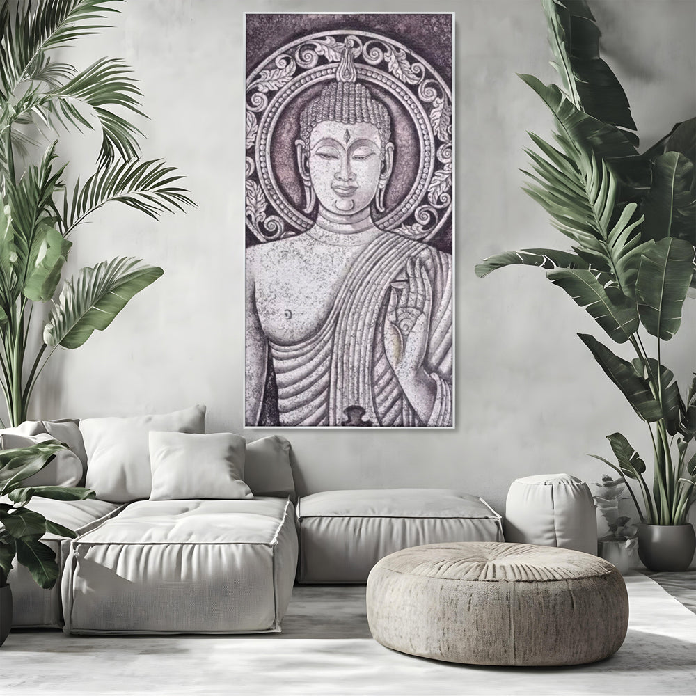 Tablou canvas cu tablou canvas cu chipul lui buddha, in rama de aluminiu argintiu, pe perete intr-un living