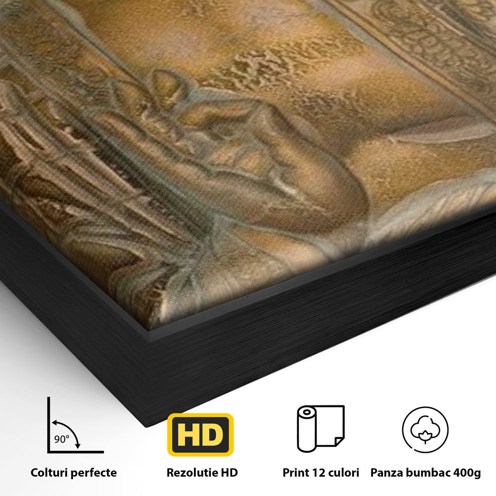Detaliu al suprafetei: tablou canvas cu figura lui buddha, in rama de aluminiu negru